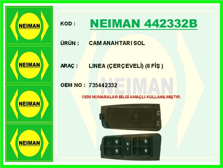 Cam Açma Anahtarı Kumanda Grubu Ön Sol Fiat Linea 09> Çerçeveli 8 Fişli