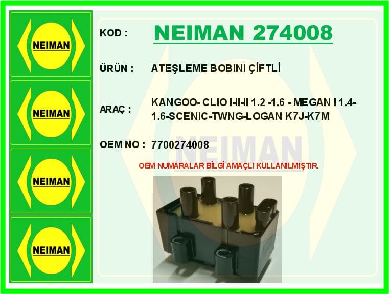 Ateşleme Bobini Çiftli Renault Kangoo 01> Clio I-II-III 92>05 Megane I 96> Scenic 96>TWINGO 96> Log An 06>1.2 1.4 1.6 D4F K7J-K7M