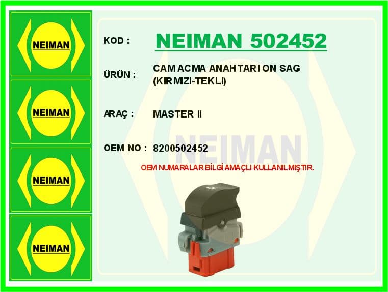 Cam Açma Anahtarı Ön Sağ Kırmızı-Tekli Master II