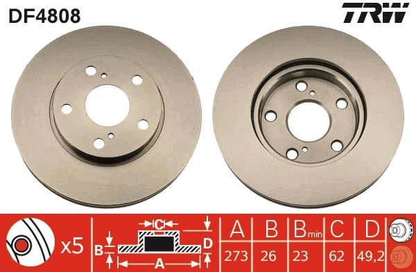 Ön Fren Diski Hava Kanallı Toyota Auris Corolla 1.33L 1NR-Fe NRE150 10-> / 1.6L 1ZR-Fe ZRE151 07-12 / 1.4L 1NDTV NDE150 07-12 - 273 Çap X 5 Bijon Takım Disk Fiyatıdır