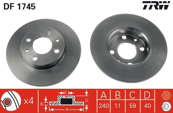 Ön Fren Diski Fiat 500 500C 07> Tipo-Punto-Tempra-Panda-Marea-Bravo 96> Alfa Romeo 145-146-155 92> Ford Ka 08>12 240.5x11 4DELİK