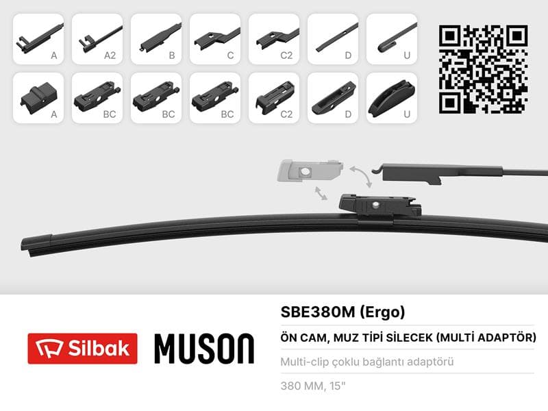 Silecek Süpürgesi Muz Tipi 380mm A. BC.C2.D Ve U Tipi Kollar İcin Multi Adaptorlü
