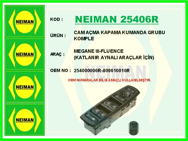 Cam Açma Kapama Kumanda Grubu Komple Megane III-Fluence Katlanir Aynali Araçlar İçin