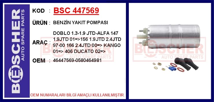 Benzin Yakıt Pompası Doblo 1.3-1.9 JTD-Alfa 147 1.9JTD 01 >156 1.9JTD 2.4JTD 97-00 166 2.4JTD 00 > K