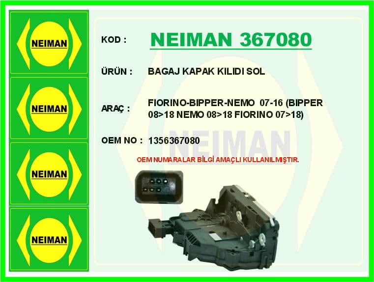 Bagaj Kapak Kilidi Sol Fiorino-Bipper-Nemo 07-16 Bipper 08>18 Nemo 08>18 Fiorino 07>18
