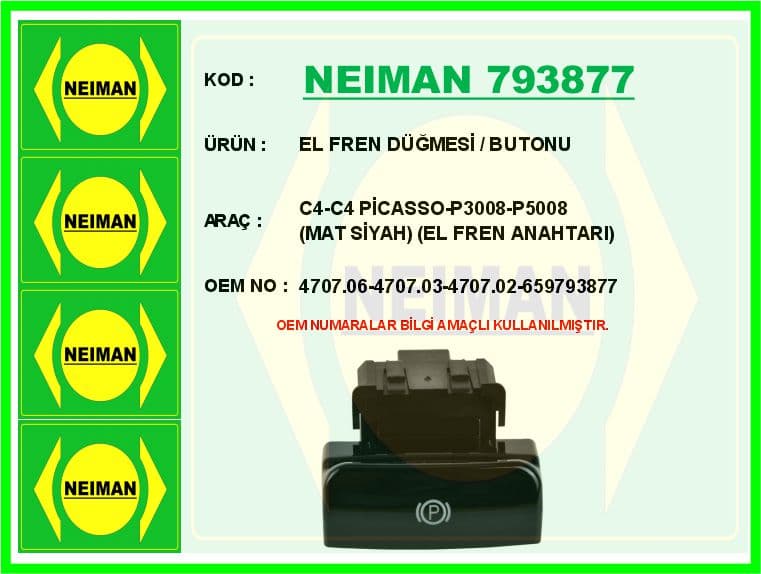 El Fren Düğmesi / Butonu C4-C4 Picasso-P3008-P5008 Siyah El Fren Anahtarı