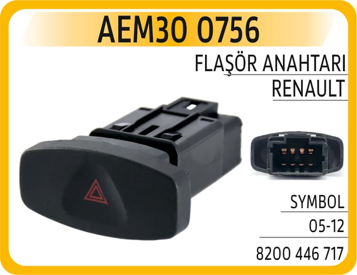 Dörtlü Flaşer Anahtarı Renault Clio III 05>12 Symbol II 08> Dacia Logan 06> Sandero 08> Duster 10> 8 Pin