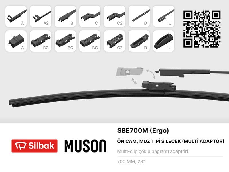Silecek Süpürgesi Muz Tipi 700mm A. BC.C2.D Ve U Tipi Kollar İcin Multi Adaptorlü