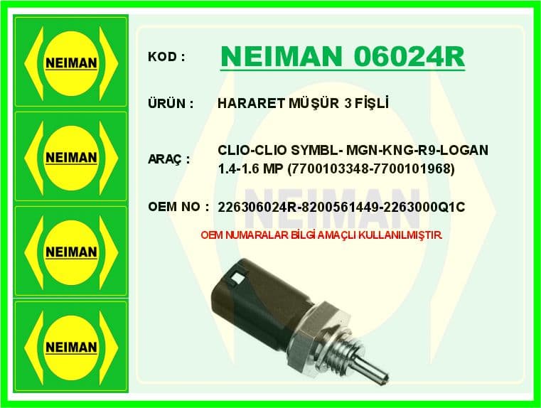 Hararet Müşürü 3 Fişli Renault Clio II 98>05 Laguna 01> Megane 02>08 Kangoo 01> Logan 06> 1.2 1.4 1.5dCi 1.6 2.0